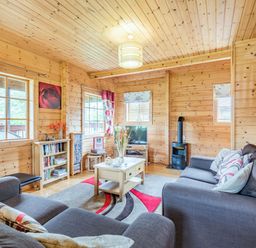 A wooden living room with grey sofas a coffee table a TV a small stove and red curtains at Robin Lodge in Llanbedr