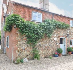 Exterior of a stone and brick house with plants and pots near the door at Cosy Cottage in Bawdeswell