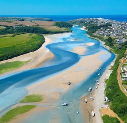 A river with boats and houses along the bank at Newquay Tamarisk Lodge on the Gannel in Newquay