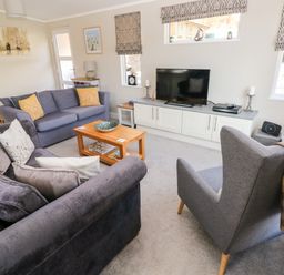 A living room with grey sofas a wooden coffee table a television on a white cabinet and patterned window blinds at Lodge 53 Stepaside near Kilgetty