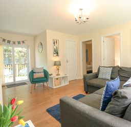 A living room with a grey sofa, blue cushions, a green armchair, sliding glass doors, and a white cabinet at 1 The Dell in Mundesley