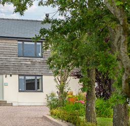 A house with wood and plaster exterior with a green door and garden with trees in front at The Hayloft in Llanfechell