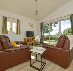 A living room with brown leather sofas a side table a television and sliding glass doors showing an outdoor patio at The Linhay in Lapford