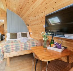 A wooden room with a bed table chairs a wall-mounted television and kitchen equipment at Llugwy Pod in Capel Garmon near Betws-Y-Coed
