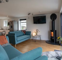 A living room with blue sofas a wood burning stove a wall mounted tv and an open kitchen at Lanyon in St Ives