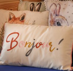 A pillow with the word Bonjour embroidered in multiple colors surrounded by pillows with animal illustrations