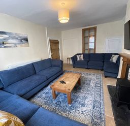 A living room with blue sofas a wooden coffee table a patterned rug a fireplace and a mounted television at The Hame in Monmouth