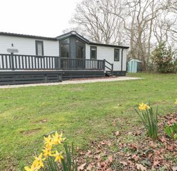 A garden with yellow flowers in front of a gray house with a porch at Owls Nest in Furzehill