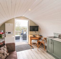 A small living space with a sofa with cushions flowers on a side table a kitchenette with appliances and a small dining table with two chairs at Cherry Pod 2 in Hookagate near Meole Brace