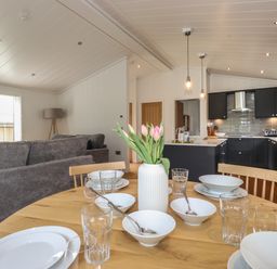 A dining table set with bowls glasses and a vase with flowers next to a living room and kitchen at The Beeches in Haverthwaite