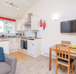 A kitchen and dining area with a wooden dining table and chairs a mounted TV and kitchen appliances at Chalet Log Cabin C8 in Combe Martin