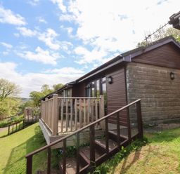 A cabin with a deck and stairs on a grassy hillside with trees in the background at Chalet Log Cabin L12 in Combe Martin