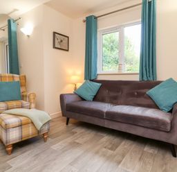 A sitting area with a sofa and armchair with matching footstool and teal cushions at Larchwood Lodge in Combe Martin