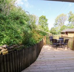 A wooden deck with four chairs and a table overlooking grass and trees at Larchwood Lodge Combe Martin
