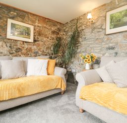 A living room with two sofas with yellow throws and cushions a tall plant a small table with flowers and stone walls at Mum's Cottage in Minions near Upton Cross