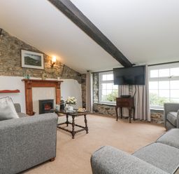 A living room with stone walls, two gray sofas, a wooden coffee table, a fireplace, a TV on a stand, and windows with curtains at Bickle Bice Cottage in Minions near Liskeard