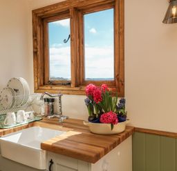 A kitchen sink with drying rack dishes flowers on wooden countertop under window at Tawny in Morchard Bishop