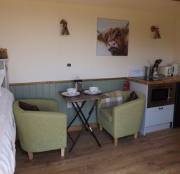 A small dining area with two green chairs and a foldable table set with bowls and plates next to a kitchenette and a bed at Tawny in Morchard Bishop