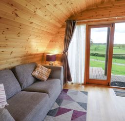 A room with wooden walls, a gray sofa with cushions, a lamp, a patterned rug, and a glass door leading outside to green fields at Pine Lodge in Llanddeusant near Llandovery