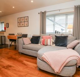 A living room with a gray sofa with pillows and a blanket next to a window with curtains and a dining table with chairs at Cosy Cottage Broadwoodwidger near Lifton