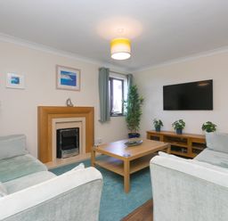 A living room with two sofas a wooden coffee table a fireplace a TV mounted on the wall and plants at Spernenwyn in St Ives