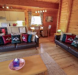 A living room with two leather sofas and cushions in a wooden cabin with a kitchen and dining table at The Great Escape in Kenwick near Louth