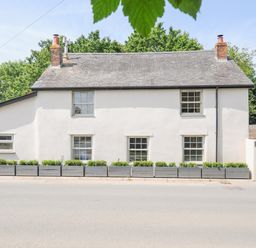 A white cottage with multiple windows and two chimneys with shrubs in wooden planters along the front at Cob Cottage near Rock