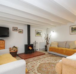 A living room with sofas a rug a wood burning stove and a television at Henwood Barn Henwood near Upton Cross