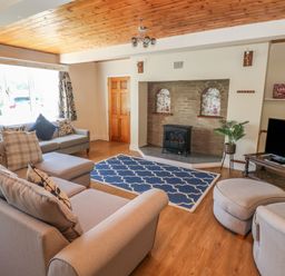 A living room with sofas a fireplace a television and a blue patterned rug at Hillside Lodge in Newtown