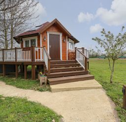 A small wooden cabin with a porch and stairs surrounded by grass and trees at Honeybee Retreat in Pentney near Upper Marham