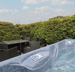 An outdoor patio with a hot tub and a glass table surrounded by six black wicker chairs enclosed by tall hedges at Beech in Swanage