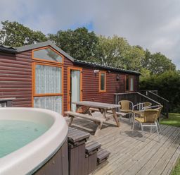 An outdoor wooden deck with a hot tub picnic table and four chairs next to a cabin surrounded by trees at Birch in Swanage
