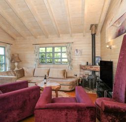 A living room with purple armchairs a beige sofa a wood stove and a television at Cherry in Swanage