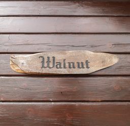 A wooden sign with the word Walnut on a wooden wall at Walnut in Swanage
