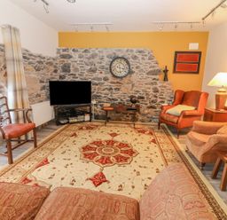 A living room with armchairs a patterned rug a television and a stone wall at The Artist's Barn in Ayle near Cappawhite