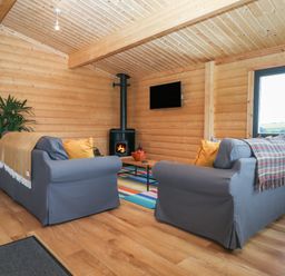 A wooden living room with two grey sofas facing a wood stove and a wall-mounted TV at Primrose Lodge in Hittisleigh