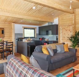 An open living space with a kitchen dining area and sofas with cushions at Primrose Lodge in Hittisleigh