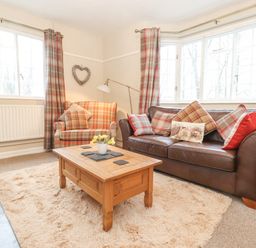 A living room with a leather sofa and plaid armchair with cushions and a wooden coffee table at Larch Cottage at Esthwaite Water in Hawkshead