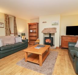 A living room with green leather sofas a wooden coffee table a wood burning stove and a television at Winder Barn in Askham Cumbria