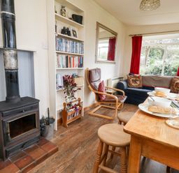 A living room with a wood stove chair bookshelf window with red curtains and a wooden dining table at Eweleaze in West Bexington
