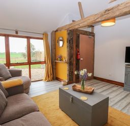 A living room with a sofa a chair a coffee table and a television at Bee Happy Barn in Beighton near Acle