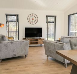 A living room with two gray sofas a wall clock and a television at Watch Tree Lodge in Allithwaite near Cartmel