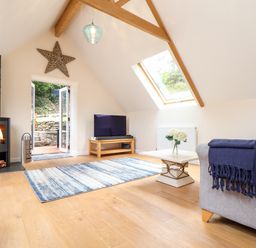 A living room with a wood burning stove television table and skylight at Potters Barn Trevarno near Helston
