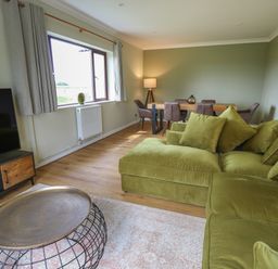 A living room with a green sofa a metal wire coffee table a wooden dining table with chairs a floor lamp and a television at Sea View in St Clears