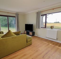 A living room with a green sofa a television on a stand and large windows overlooking fields at Sea View in St Clears