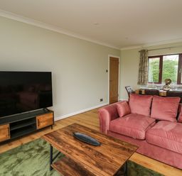 A living room with a red sofa wooden coffee table and large TV on stand at The Oaks in St Clears