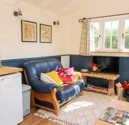 A living room with a blue leather sofa with cushions a television on a wooden table and a refrigerator at Mucklewick Hollow in Minsterley near Bishops Castle