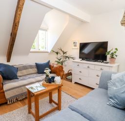 A living room with two sofas a wooden coffee table a white cabinet with a television and plants at Spring Cottage in Stroud