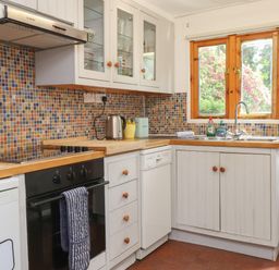 A kitchen with wooden countertops white cabinets a stove a dishwasher a kettle and a window showing greenery at Can Yr Afon in Beddgelert
