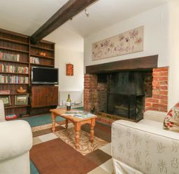 A living room with armchairs a coffee table bookshelves a television and a fireplace at Thatch Cottage in Buckland Newton
